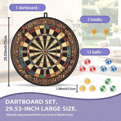 1 pieza Juego de diana con impresión digital, extra grande de 29.53 pulgadas, incluye 12 bolas de dardos adhesivas, 2 ganchos, para adultos, adecuado para interiores, exteriores, patio, parque, fiesta