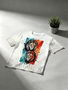 Men's Plus Size Double Lion Colorful Ink Art Print T-Shirt - Multicolor - View 2
