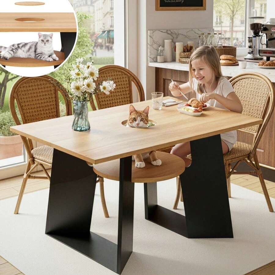 Pet Friendly Dining Table With Side Shelf And Tray - Rectangle, 130x85x75 Cm - 黑與自然 - 查看 1