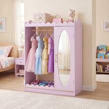 Kids Dress Up Storage With Full Length Mirror, Single Door Cabinet, Hanging Rod Pink - Pink - View 1