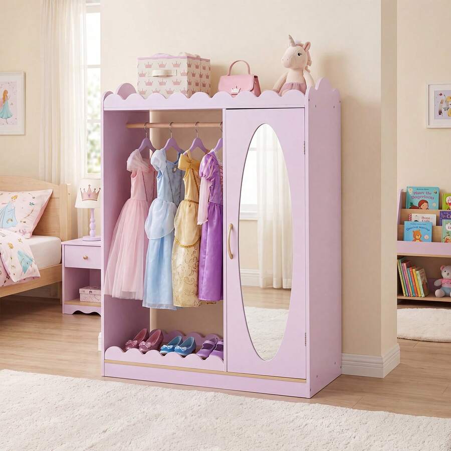 Kids Dress Up Storage With Full Length Mirror, Single Door Cabinet, Hanging Rod Pink - Pink - View 1