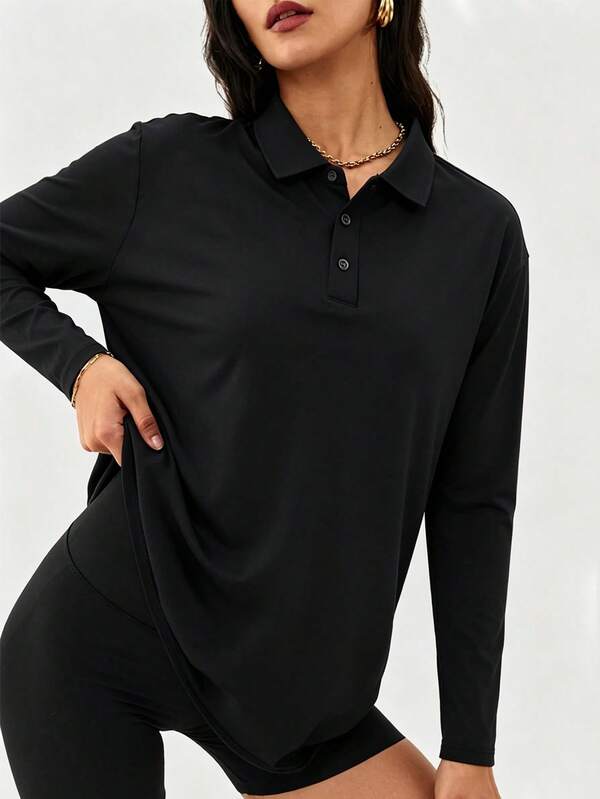 Women's Long Sleeve POLO Shirt, Casual Sports Top, Solid Color Lightweight T-Shirt, Suitable For Autumn Outdoor Daily Casual Wear