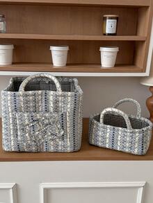 1pc Set French Vine Storage Basket Vintage Blue White Floral Quilted Handheld Portable Cosmetic Sundries Desktop Organizer Container Box Home Decor Craft Gift - View 20
