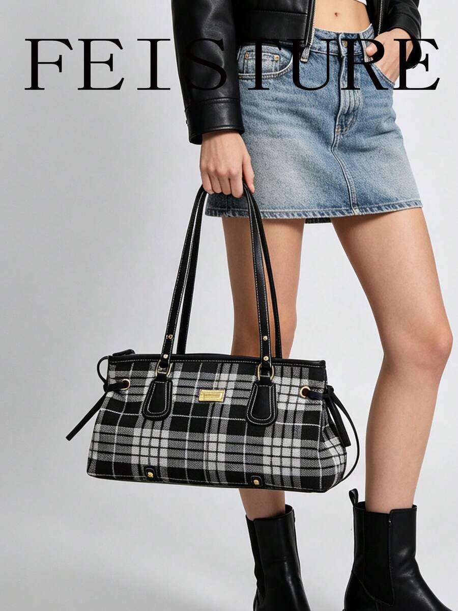FEISTURE 1件時尚格紋肩背腋下包,大容量女款通勤包,適合日常出行、約會、通勤 - 黑色 - 查看 1