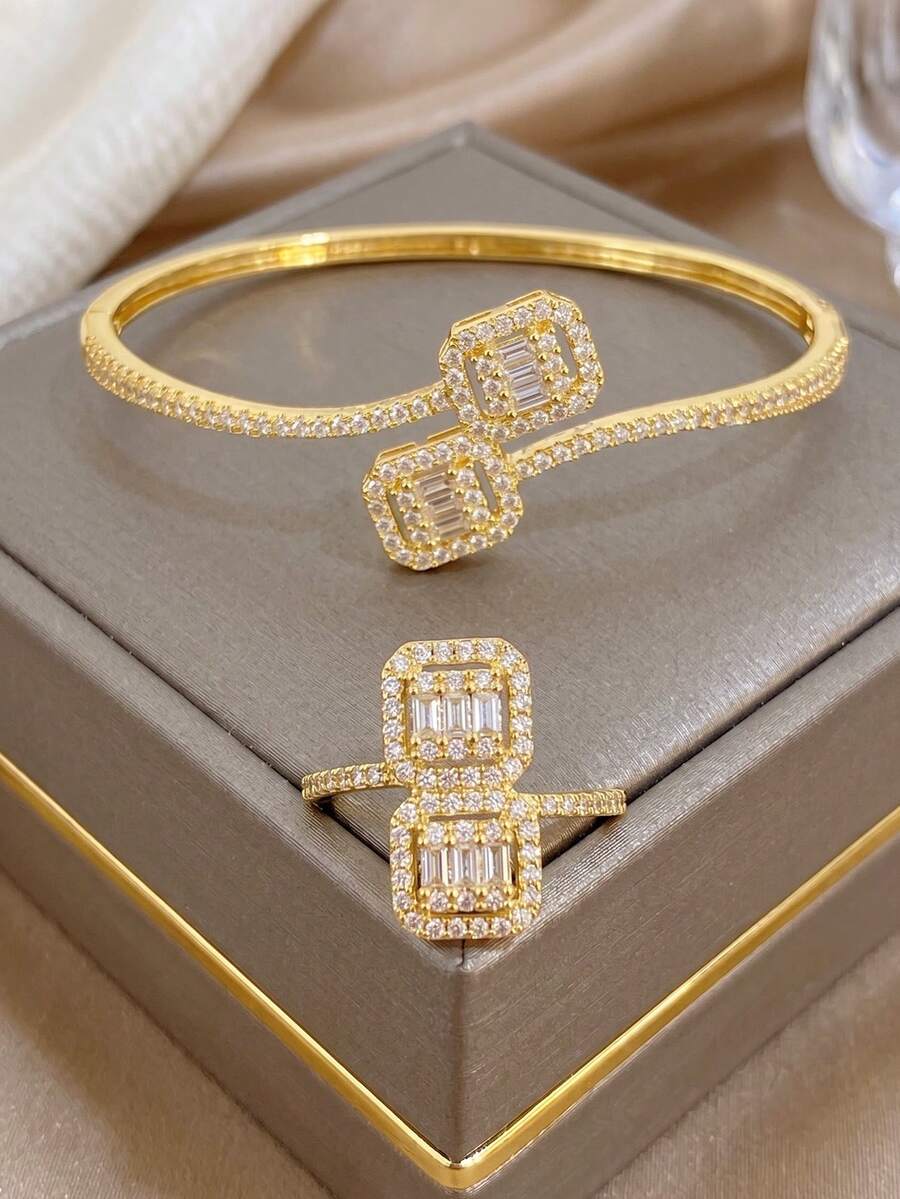 18K Gold Plated Square & Rectangular Zirconia Jewelry Set, Adjustable Open Cuff Bracelet And Ring, Elegant Women's Accessories, Suitable For Daily Wear And Party Occasions - Multicolor - View 1
