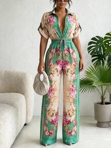 ChicMe Women's Vintage Floral Print Collared Rolled Sleeve Button Front Drawstring Wide Leg Vacation Jumpsuit - Green - View 9