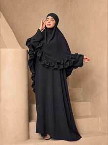 時尚百搭純色連帽蕾絲冰絲皺褶長款罩衫 2 件組 女款優雅柔軟 Abaya 外罩袍 + 連帽蕾絲披肩套裝 防曬穆斯林服飾披肩 - 黑色 - 查看 2
