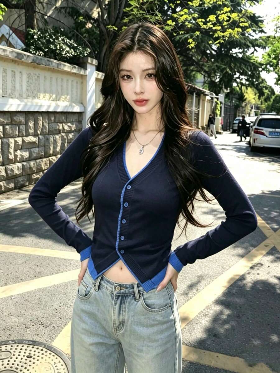 女款時尚長袖V領針織開襟衫，對比滾邊設計，適合秋冬疊穿 - 藍色 - 查看 1