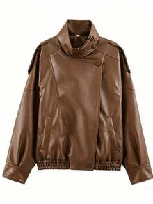 SHIBASHAN Women Oversized Faux Leather Jacket Fall Winter Y2k Motorcycle Bomber Coats - Mocha Brown - View 4