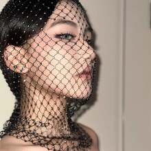 European And American Style Hot Girl Rhinestone Face Mask Elastic Black Mesh Head Cover Headscarf Sparkling Rhinestone Music Festival Fishnet Veil Atmosphere - Multicolor - View 5