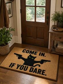 1pc Funny Black Cat Welcome Doormat, Creative Cartoon Kitten Holding Gun With Sassy Expression Print, Plush Rectangular Rug, Entryway Door Mat, Gag Gift, Quirky Home Decor, Suitable For Front Door Entrance Hallway Living Room Bedroom, Cat Lover Housewarming Gift - Black - View 2