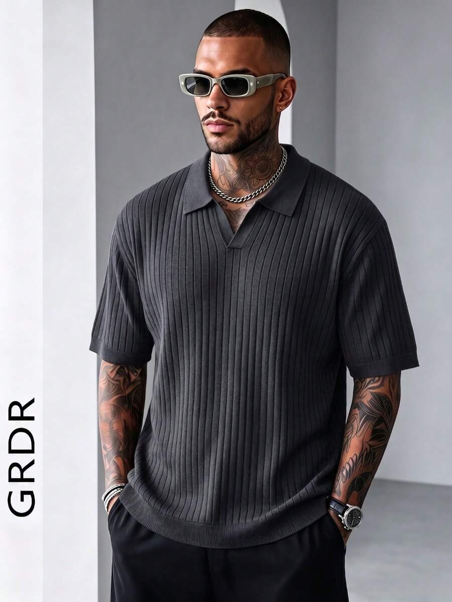 GRDR Suéter de punto de manga corta de unicolor para hombres, de moda para el verano