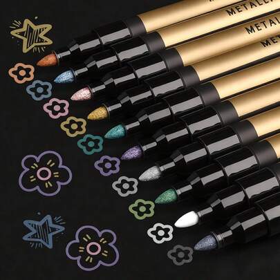 Mkobon 10 Marcadores Metálicos de Color, Bolígrafos de Pintura Acrílica Metálica con Brillo, Marcadores Permanentes con Brillo para Pintura de Rocas, Manualidades en Papel Negro, Creación de Tarjetas, Scrapbooking, Vidrio, Madera, Metal, Cerámica