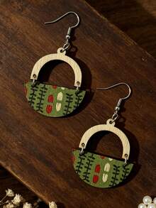 1 Pair Vintage Pastoral Style Half-Circle Printed Floral Patchwork U-Shaped Wooden Earrings For Women - Green - View 3