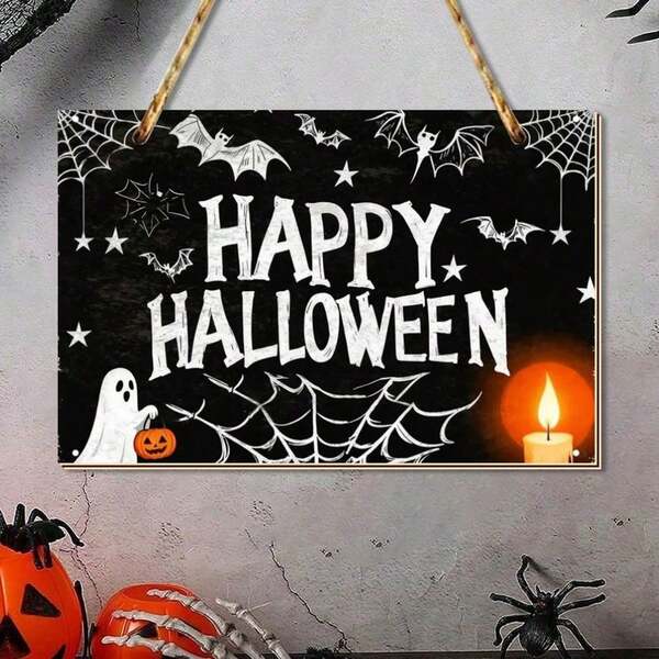 1 pieza "Feliz Halloween" Decoración de pared de madera con fantasmas, velas y telarañas; Adecuado para puertas delanteras, paredes y decoración de casas embrujadas; Diseñado para uso tanto interior como exterior, combinando el estilo rústico con un ambiente festivo de fiesta.