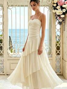 Women's Elegant Asymmetrical Ruffle Strap Dress, Versatile Design Suitable For Party, Beach, Vacation In Summer Wedding - Apricot - View 9