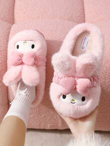 MY MELODY Women's Winter Plush Slippers, Bow Cartoon Fluffy Lining Casual Shoes, Suitable For Winter Wear - Pink - View 1