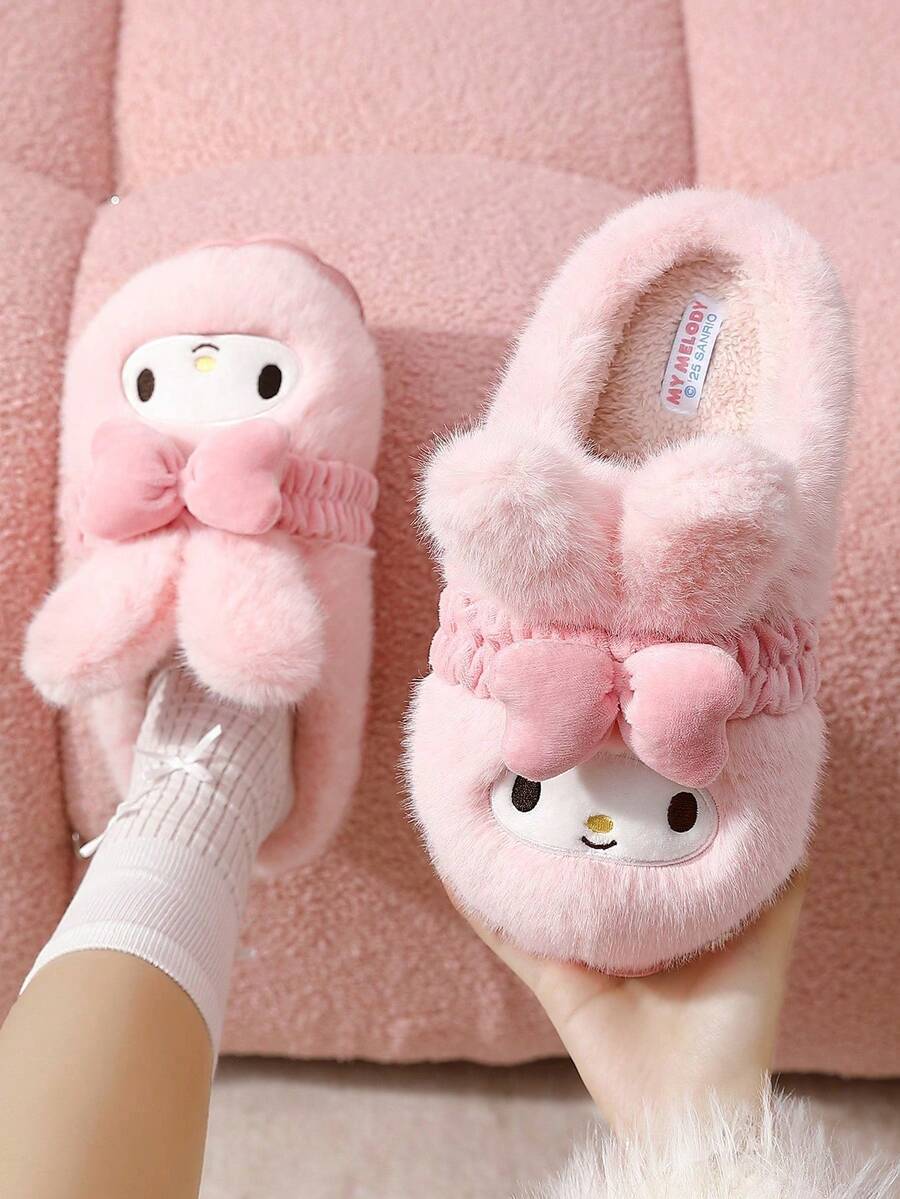 MY MELODY Women's Winter Plush Slippers, Bow Cartoon Fluffy Lining Casual Shoes, Suitable For Winter Wear - Pink - View 1