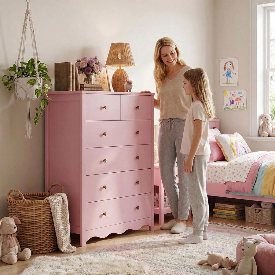 TYBOATLE 44'' High Modern Children's Wooden Vanity Drawer Cabinet With Metal Handles, Bedroom Vanity With 6 Drawers,Farmhouse Natural Solid Wood Vanity Storage - Pink - View 1
