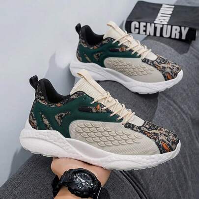 Sepatu Sneakers Pria Tebal dengan Lis Kontras, Sepatu Sneakers Bertali Depan, Cocok untuk Hari Valentine