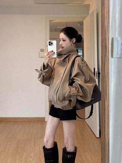 秋服レディース スタンドカラー トレンチコート ダブルブレスト ショート丈 アウター レディース 韓国系 着回し スリムシルエット ストリート  デザイン性 長袖 冬服 ジャケット アウター ナポレオン コート