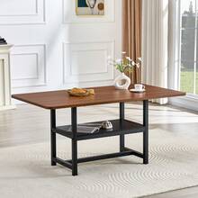 Rectangle Dining Table Industrial Style Walnut Finish, Seats 4-6 People, With Shelf And Black Metal - 黑胡桃木 - 查看 2