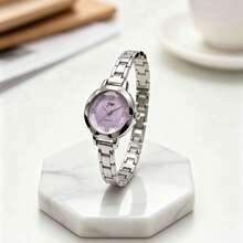 1 pieza Reloj de mujer con esfera rosa, caja redonda plateada, números romanos & marcadores de cristal, correa de metal, elegante reloj de cuarzo para uso diario, 1 pieza/set - Negro - Ver 7