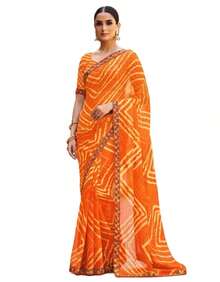 Estationeryhouse Chiffon Saree With Coloured Stripes With Unstitched Blouse - Orange - View 3