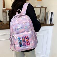 Miniso High School Bag Gradient Color Letter Three Figure Vertical Color Block Print Purple Pink Cherry Blossom Quilt Large Capacity Student Backpack Multi - Purple - View 2