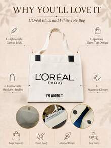 L’Oreal Paris L'Oréal Cream Canvas Tote Bag, 40*55cm, Canvas Fabric, Magnetic Closure, Large Capacity, Suitable For Commuting And Travel, Perfect For Gifting - White - View 5
