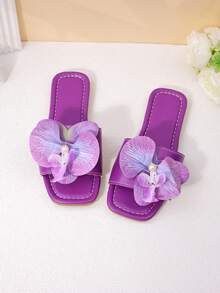 1 Pair Girls Purple Floral Sandals, Anti-Slip Wear-Resistant Square Toe Flat Bottom Sweet Style, Spring/Summer - Purple - View 3