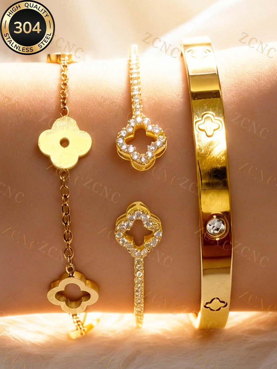 ZCNC Znice Fashion Stainless Steel + Copper 18K Gold Plated Women's Flower Rhinestone Bracelet & Bracelet Set, Lucky Four-Leaf Clover Open Cuff Bracelet Combination, Suitable For Women's Daily Wear, Holiday Gift, Fashion Women's Bracelet Set