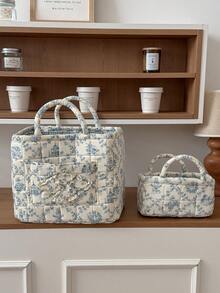 1pc Set French Vine Storage Basket Vintage Blue White Floral Quilted Handheld Portable Cosmetic Sundries Desktop Organizer Container Box Home Decor Craft Gift - View 21