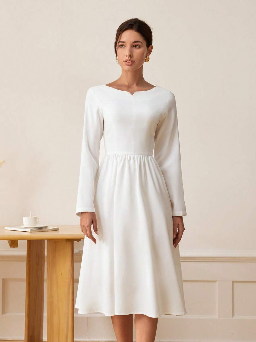 Women's Solid Color Long Sleeve Cinched Waist Lace Hem Midi Dress - White - View 1