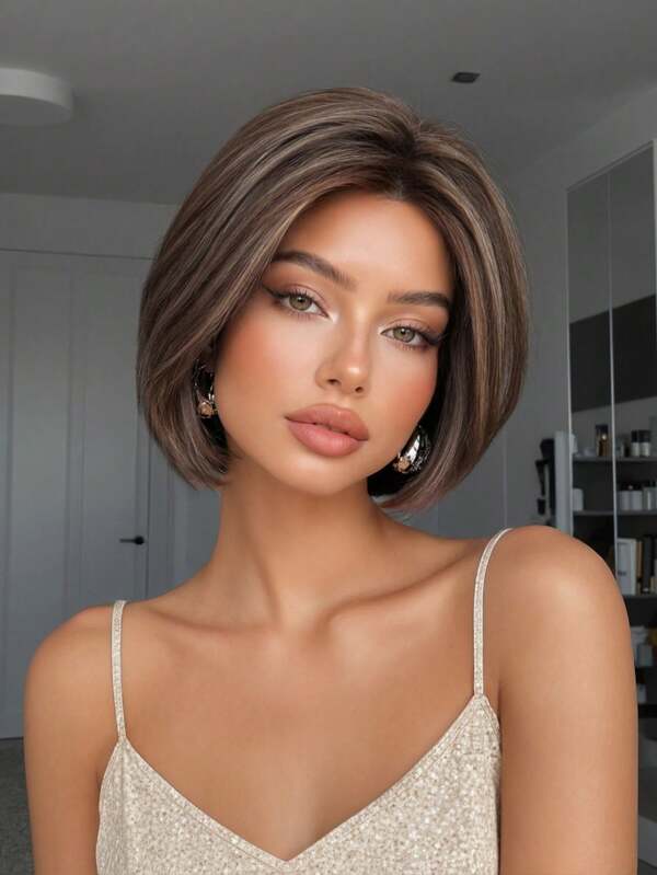 8in Highlights Wigs Middle Part Bob Wigs Wigs Short Straight Hair European Style For Women For Women's Daily Wear Also Suitable For Parties, Music Festivals, It's The Perfect Gift For Halloween And Christmas. Perfectly Showcases Party Fashion