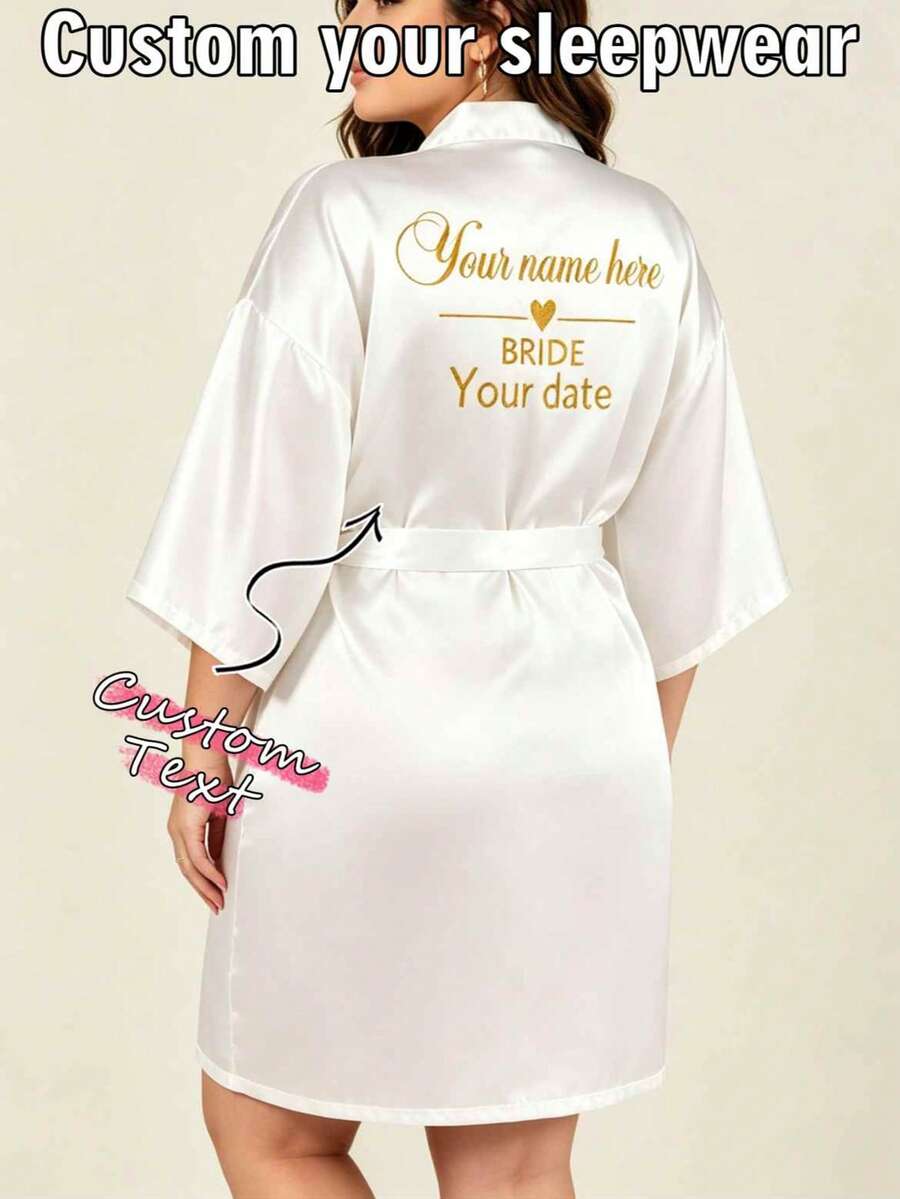 1Pc Plus Size Custom Name Date Robe Pajama Set Personalised Bridal Wedding Bathrobe Women Sleepwear Morning Gown Gift For Bride - White - View 1