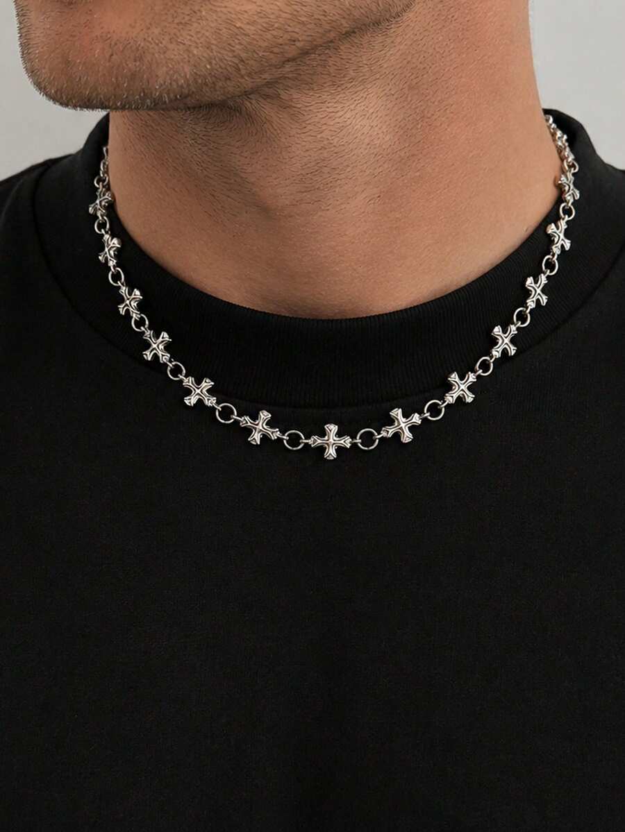 1pc Fashion Punk Cross Necklace, Metal Chain Collarbone Necklace, Suitable For Daily Wear And Party, Ideal Gift For Men, Birthday Gift, Holiday Gift - Antique Silver - View 1