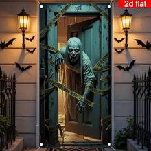 1 pieza Pancarta de puerta de casa de madera rota abierta con fantasma zombi de Halloween, patrón de fantasma de pelo largo y dientes afilados, decoración de fiesta de Halloween, cortina de puerta para interiores y exteriores, víspera de Todos los Santos, celebración festiva. - A - Ver 5