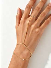 1pc Elegant Versatile Ring Bracelet With Premium Copper Bead Chain - Gold - View 2