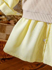 2pcs/Set Baby Girl Embroidered Vest & Striped Long Sleeve Shirt Dress, Casual Daily Wear, Versatile Outfit, Spring/Summer, Preppy Style - Mustard Yellow - View 4