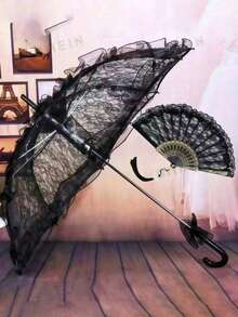Black Lace Umbrella + Lace Fan With Hanging Pendant, For Festivals. Gothic Style Halloween Accessories In Black, Perfect For Bridal Parties. - Multicolor - View 14