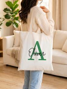 Customized Name Halloween Ghost Letter Tote Bag, Personalized Pumpkin Bat Pattern Canvas Handbag, Large Capacity Reusable Holiday Party Gift Shopping Shoulder Bag - Multicolor - View 2