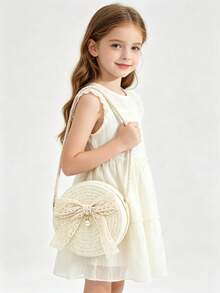 1pc -Adorned Round Crossbody Bag With Lace Bow & Adjustable Strap-Handbag, Zipper Closure For Casual, Preppy, Vacation (5.12"/2.36" Compact Purse) - Multicolor - View 1