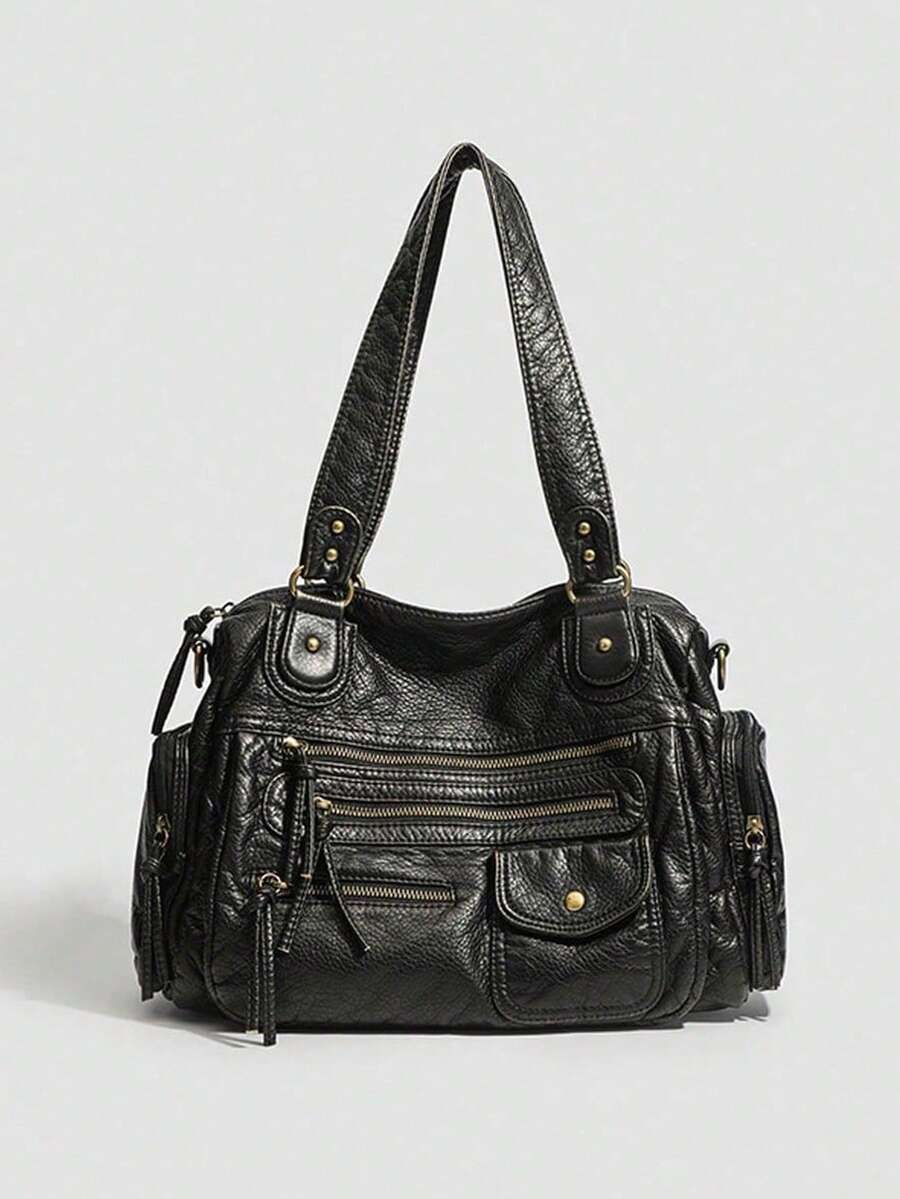 Women's Vintage Handbag Large Capacity Retro Shoulder Bag Multi-Pocket Tote Bag - Bronze - View 1