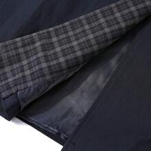 Premium Navy Plaid Patchwork Long Trench Coat Jacket With Pockets, Long Sleeve, For Evening Date, College Style, Daily Wear, Spring And Autumn - Navy Blue - View 3