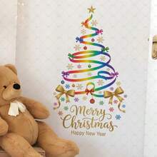 1pc Rainbow Ribbon Christmas Tree Shape Wall Sticker With Ornaments Holiday Text Swirling Bows Snowflakes Hanging Baubles Gold Greeting Lettering For Living Room Self-Adhesive Matte Finish Easy Peel & Stick Removable Fun Style Festive Design - A - View 7