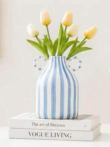 Striped Ceramic Vase With Dual Handles, Minimalist Nordic Style Home Decor Vase, Suitable For Living Room, Bedroom, Tabletop Centerpiece Decoration - Vase - View 4