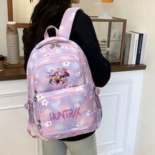Miniso Pink Letter Figure Star Disco Ball Print Gradient Purple Pink Cherry Blossom Chevron Quilt Large Capacity Student Backpack Multi Compartment School Tr - Purple - View 2