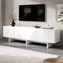 Modern TV Cabinet With 4 Doors / Arched Design / Made Of MDF / Cable Opening / Relief Decorations / For Living Room, Bedroom, Entertainment Area, White - 白色 - 查看 4