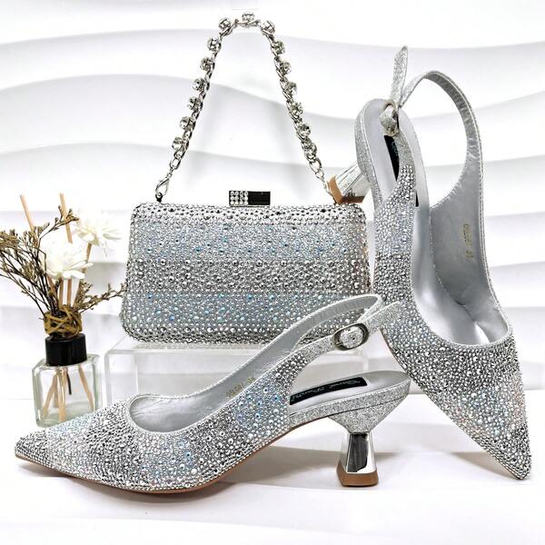 QueenaYan Women's Shoes And Handbag Set Exquisite High-Temperature Rhinestone Application Pointed-Toe Open-Heel High Heels Two-Tone Stripes